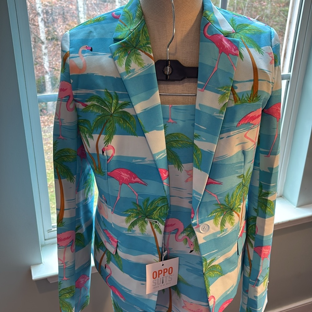NWT opposuits flamingo 2 pc suit blazer jacket skirt set size 10 preppy lilly - Picture 2 of 13